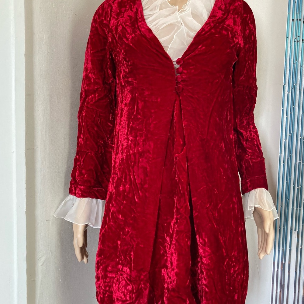 Vintage 1960s Red Crushed Velvet and White Ruffle Mini Dress Size Small/XS